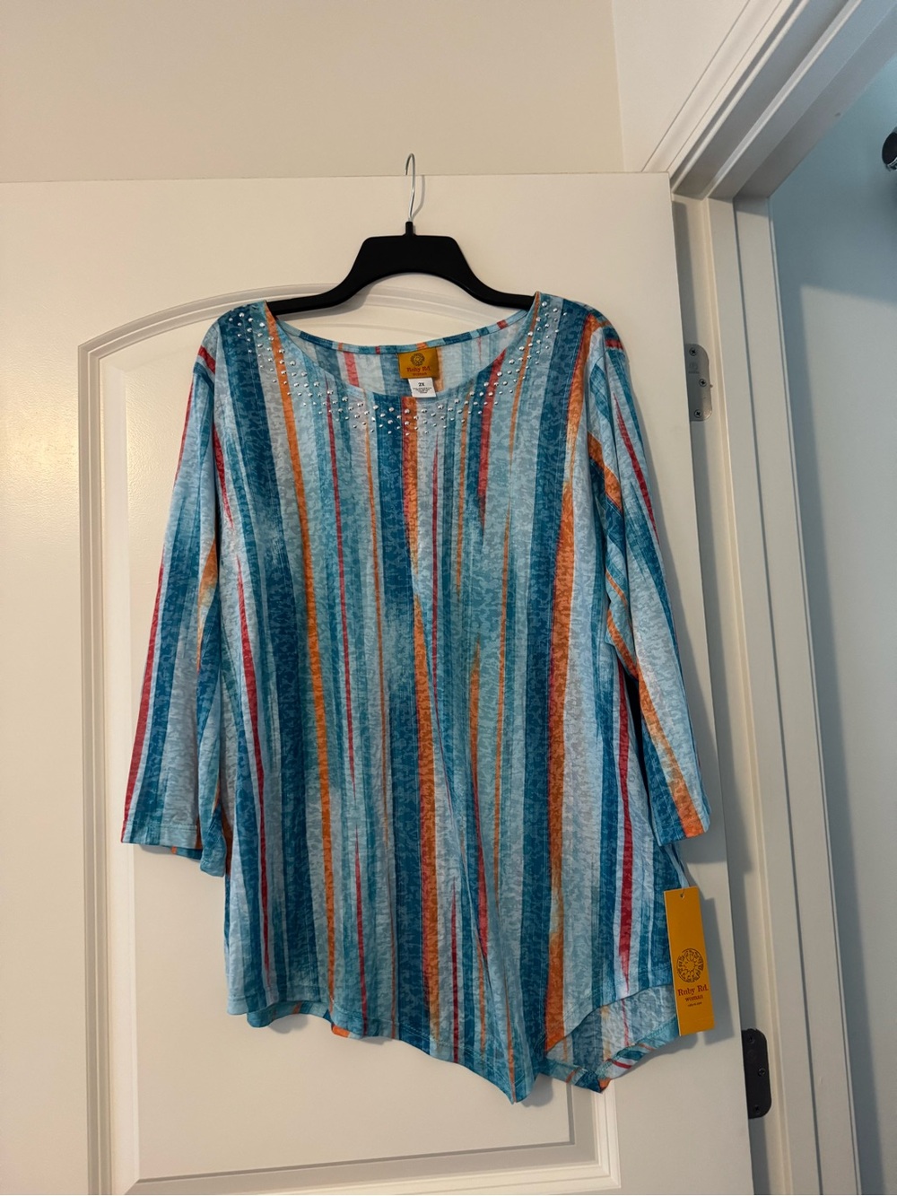 Ruby Rd. Teal Multicolor Striped Long Sleeve Top